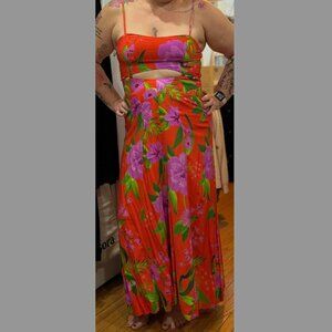 FARM Rio Vibrant Red Maxi Dress with Purple Floral Design